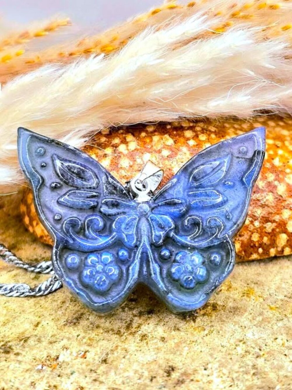 Labradorite Butterfly Pendant • 1.3" Artistic Carved Wings • Stone Butterfly
